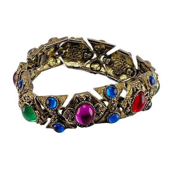 Jewels of India Cabochon Bracelet Chunky gold Tone Statement Runway 80s RARE! - Picture 7 of 10